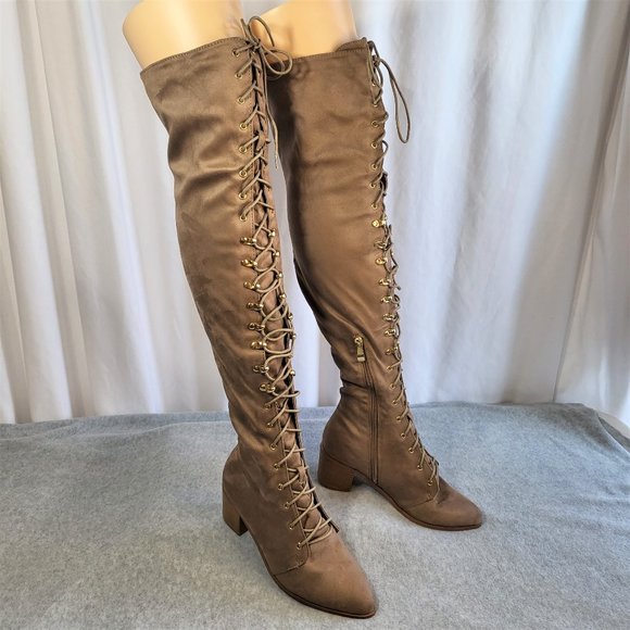 * So Me Taupe (Tan) Over The Knee Lace Up Block Heel Boots - Picture 10 of 12